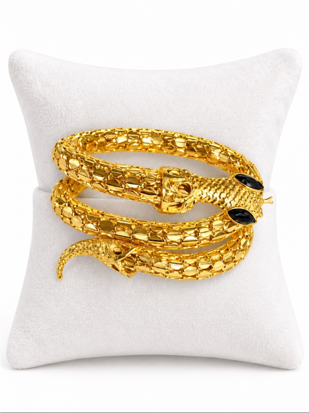 Gold Tone Coiled Snake Serpent Wrap Bracelet with Black Stone Eyes